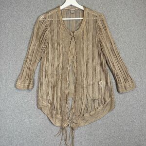 Chico's Size 1, US Size Medium Brown Knit Tapestry Open Front Cardigan Sweater